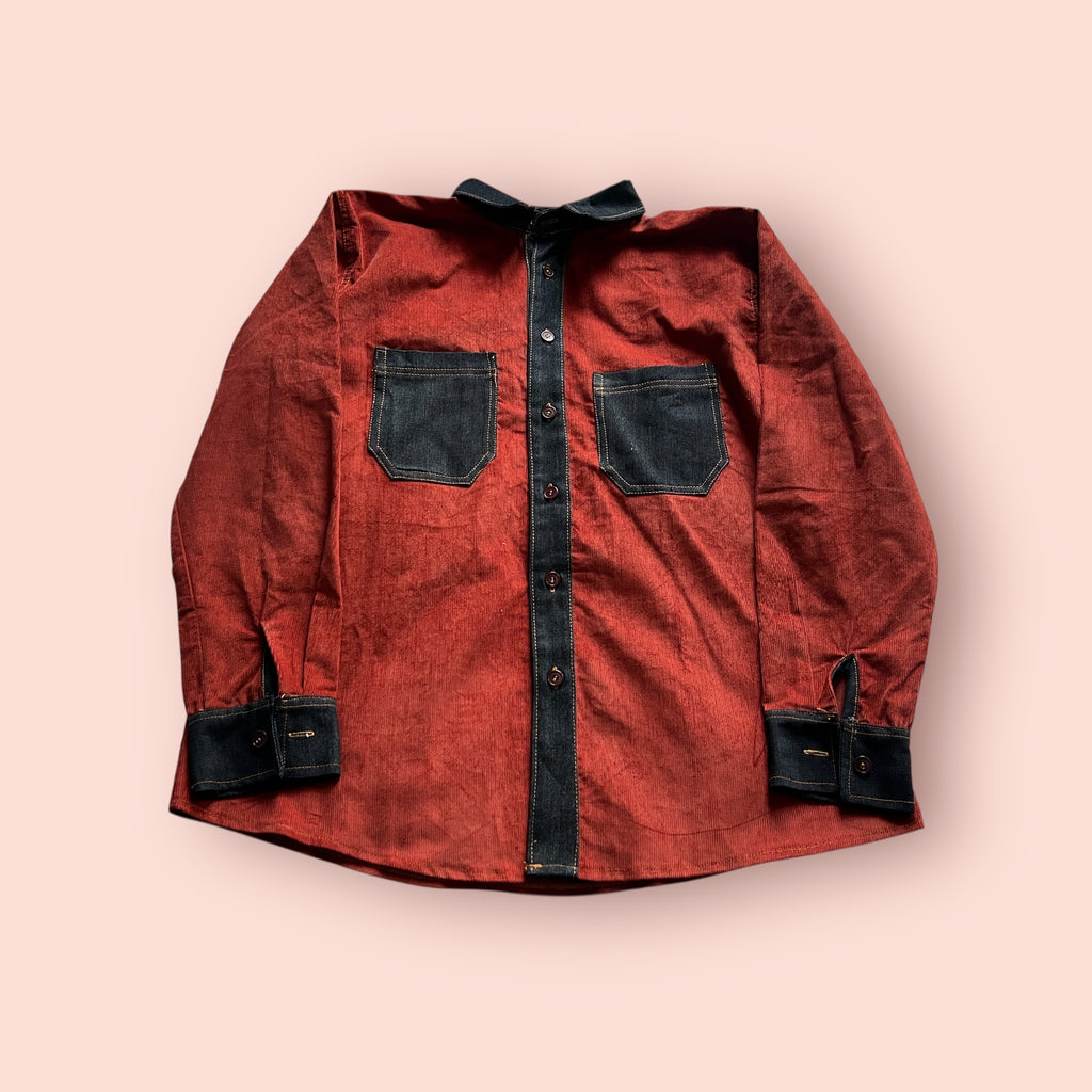 Reddish-Brown Corduroy with Dark Blue Denim Long Sleeves