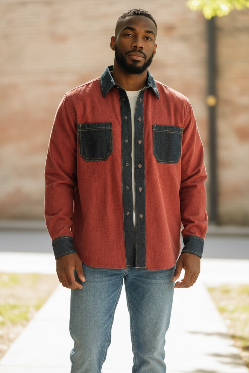 Reddish-Brown Corduroy with Dark Blue Denim Long Sleeves