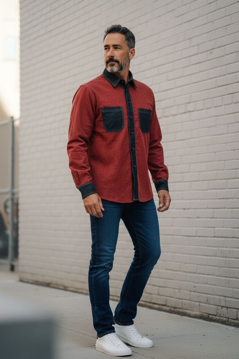 Reddish-Brown Corduroy with Dark Blue Denim Long Sleeves