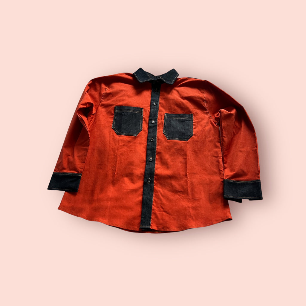 Red Orange Corduroy with Dark Blue Denim Long Sleeve Shirt
