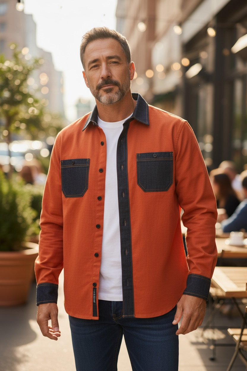 Red Orange Corduroy with Dark Blue Denim Long Sleeve Shirt