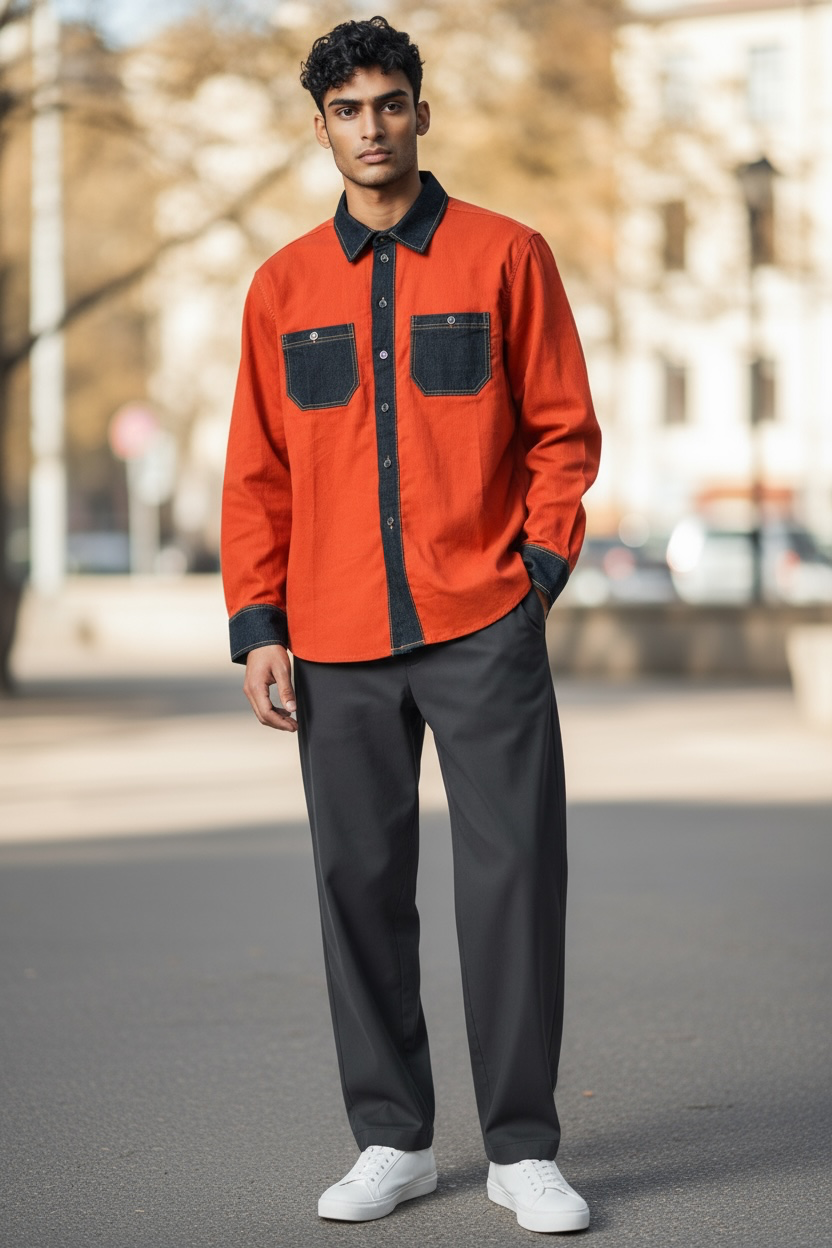 Red Orange Corduroy with Dark Blue Denim Long Sleeve Shirt