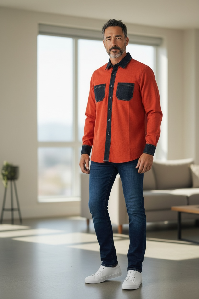 Red Orange Corduroy with Dark Blue Denim Long Sleeve Shirt