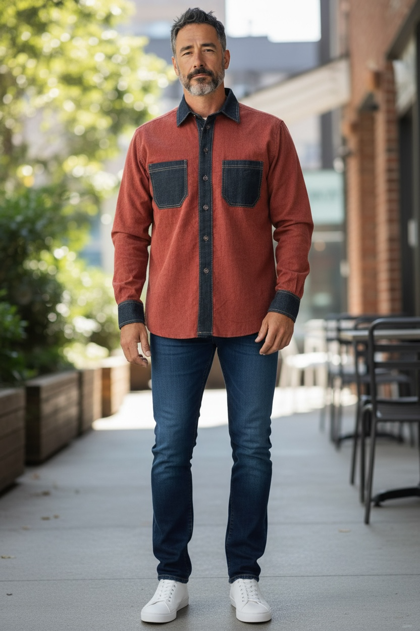 Reddish-Brown Corduroy with Dark Blue Denim Long Sleeves