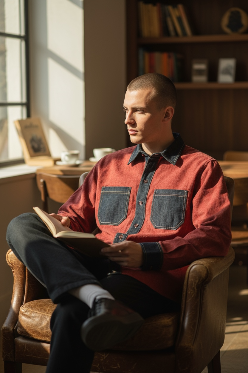 Reddish-Brown Corduroy with Dark Blue Denim Long Sleeves