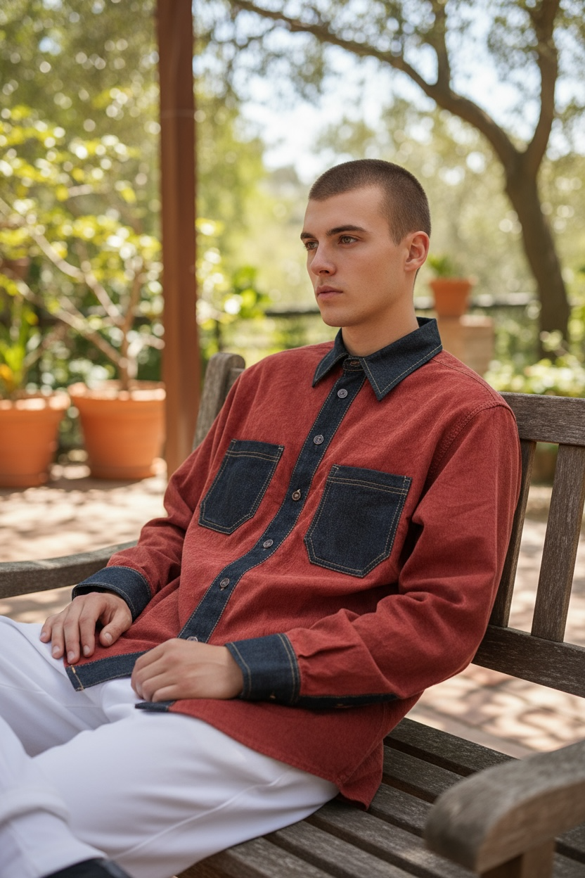 Reddish-Brown Corduroy with Dark Blue Denim Long Sleeves