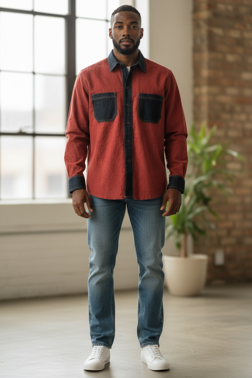 Reddish-Brown Corduroy with Dark Blue Denim Long Sleeves