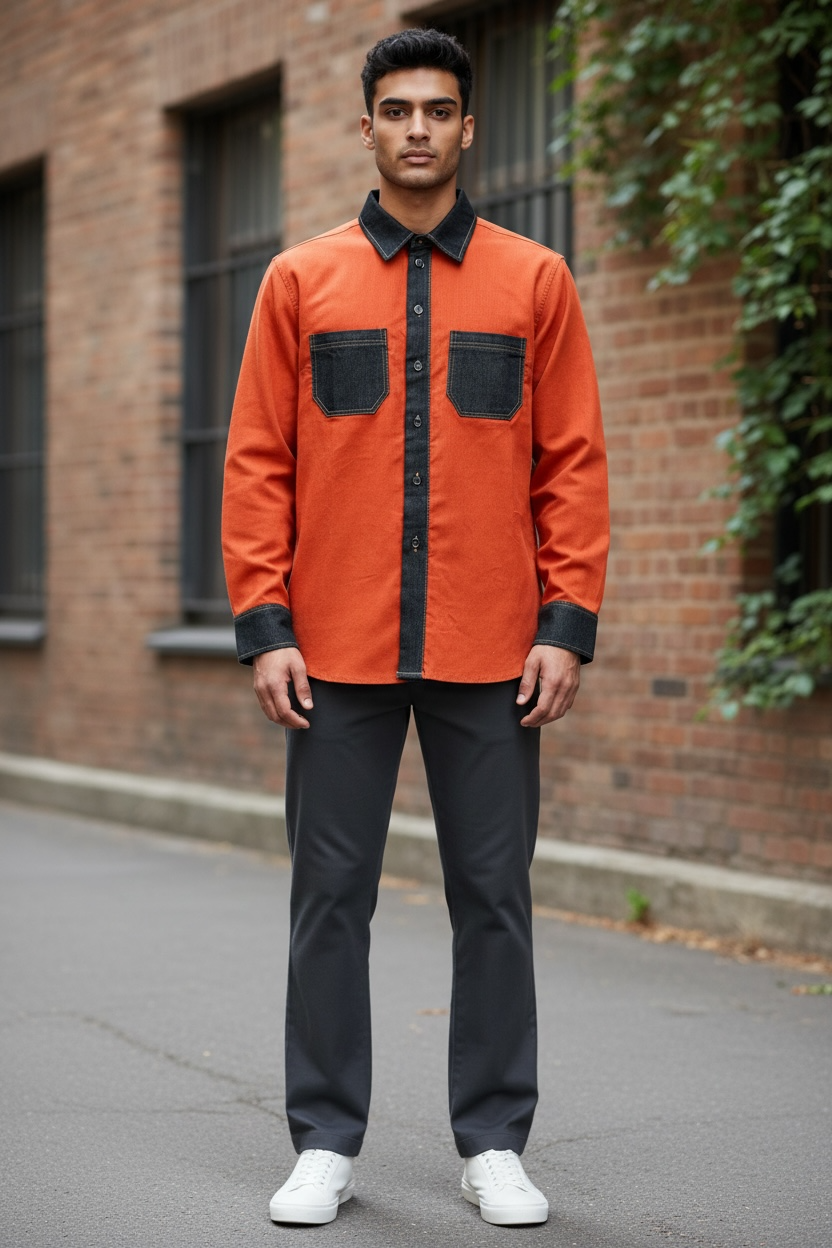 Red Orange Corduroy with Dark Blue Denim Long Sleeve Shirt