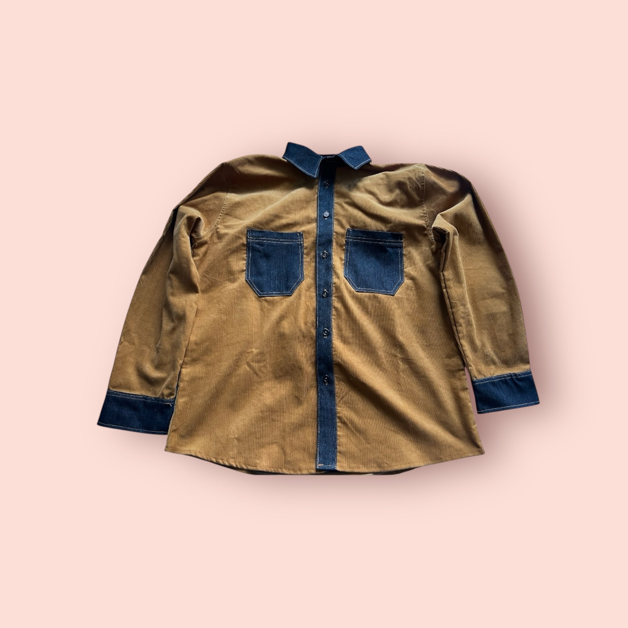Tan - Brown  Long Sleeves Corduroy with Dark Blue Denim