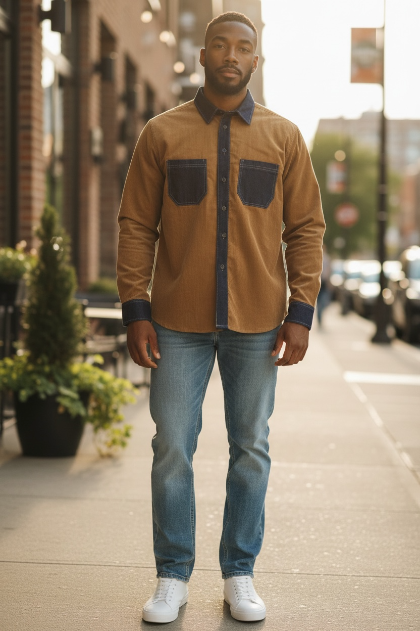 Tan - Brown  Long Sleeves Corduroy with Dark Blue Denim