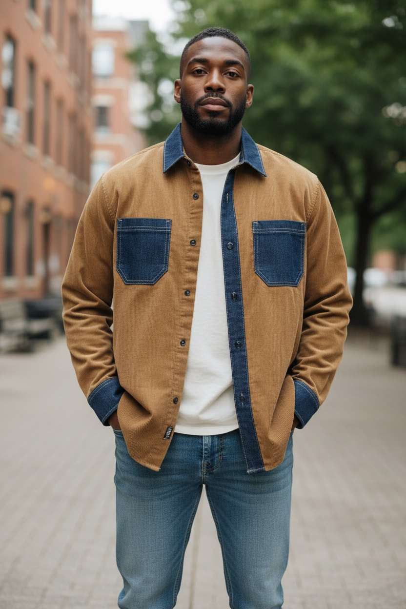 Tan - Brown  Long Sleeves Corduroy with Dark Blue Denim