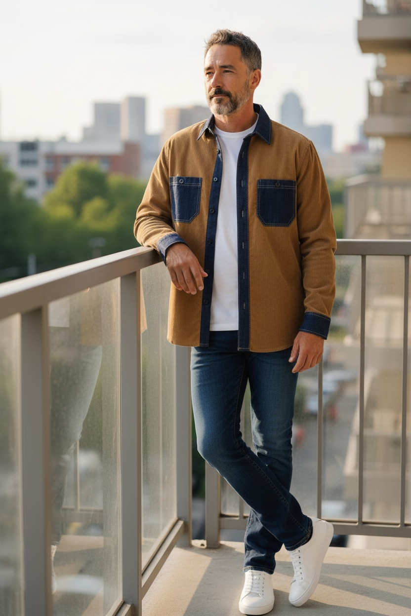 Tan - Brown  Long Sleeves Corduroy with Dark Blue Denim
