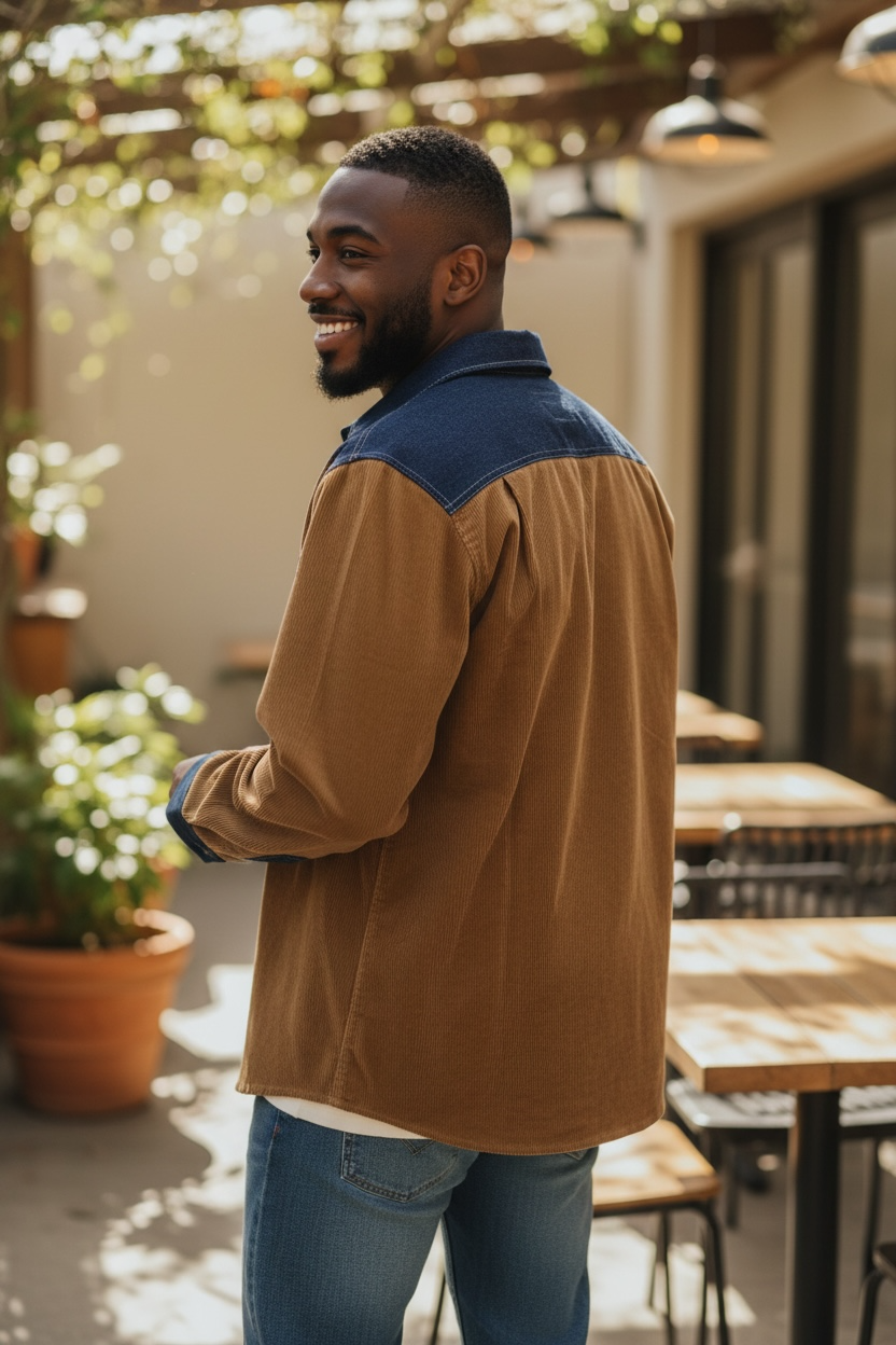 Tan - Brown  Long Sleeves Corduroy with Dark Blue Denim