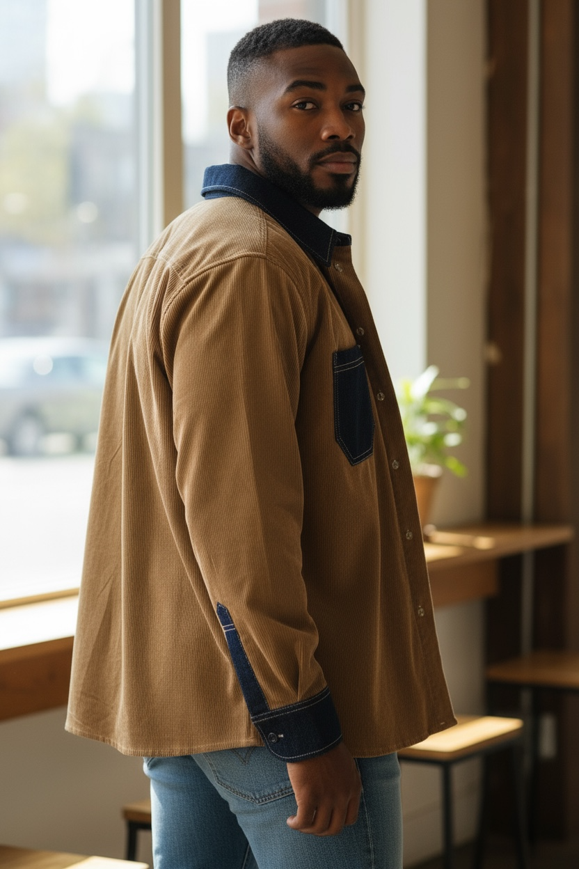 Tan - Brown  Long Sleeves Corduroy with Dark Blue Denim